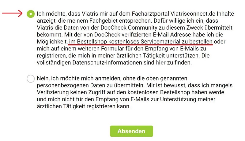 DocCheck Formular zur Datenübertragung: Ja auswählen