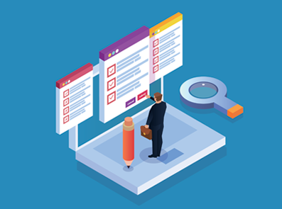 Grafik mit Laptop und geöffneten Verzeichnissen