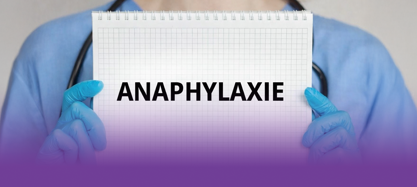 Medizinische Fachkraft hält Block mit dem Begriff 'Anaphylaxis' als Hinweis zur Notfallbehandlung