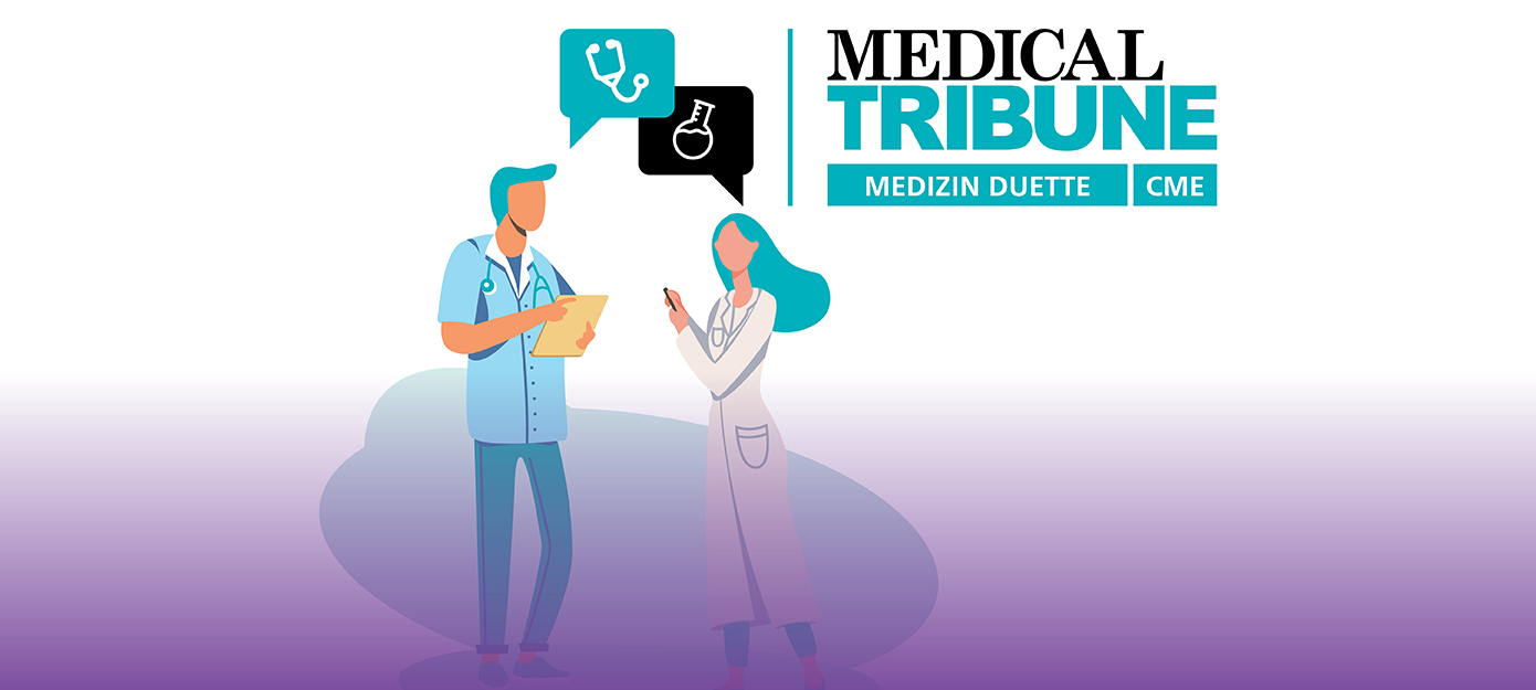 Zwei medizinische Fachkräfte im Gespräch neben dem Medical-Tribune-Logo