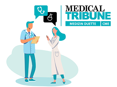 Zwei medizinische Fachkräfte im Gespräch neben dem Medical-Tribune-Logo