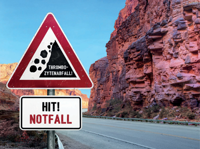Straßenschild in einer Schlucht mit der Aufschrift „HIT! Notfall“