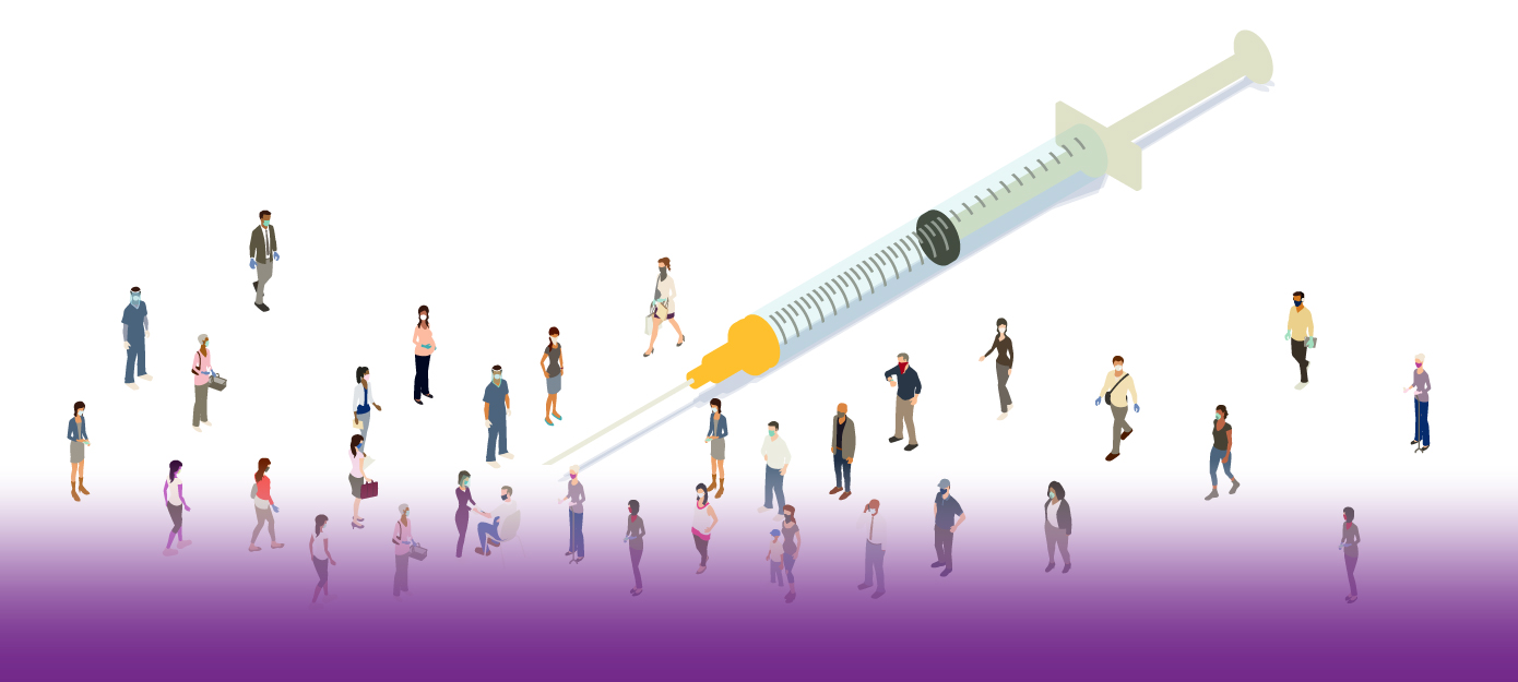 Grafik Menschen stehen um eine Spritze zur Impfung herum