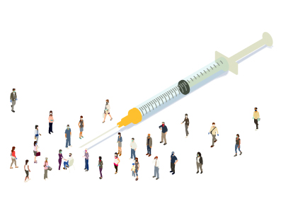 Grafik Menschen stehen um eine Spritze zur Impfung herum