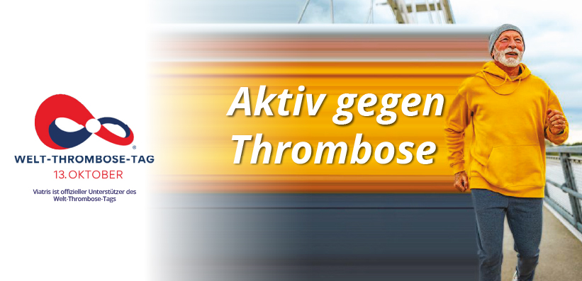 Abbildung zum Welt-Thrombose-Tag am 13. Oktober mit einer joggenden Person in gelbem Hoodie und dem Slogan ‚Aktiv gegen Thrombose‘. Viatris ist offizieller Unterstützer.