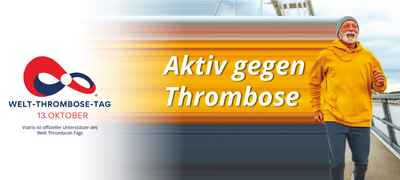 Abbildung zum Welt-Thrombose-Tag am 13. Oktober mit einer joggenden Person in gelbem Hoodie und dem Slogan ‚Aktiv gegen Thrombose‘