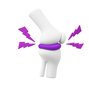 Grafische Darstellung eines Kniegelenks mit markierter Schmerzregion und Symbolen für Gelenkschmerzen