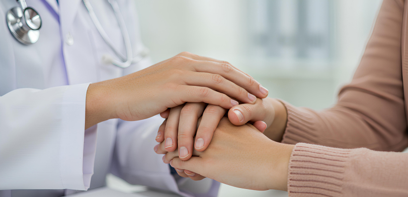 Ärztliche Hand hält die Hand einer Patientin als Symbol für verlässliche Unterstützung durch Viatris in der dermatologischen Versorgung.