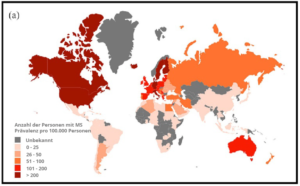 Mulitple Sklerose Konfidenzwerte der einzelnen Länder auf einer Weltkarte abgebildet.