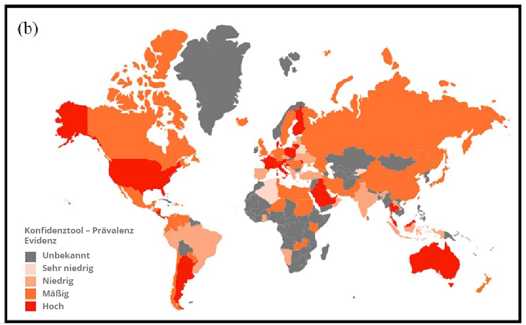 Mulitple Sklerose Konfidenzwerte der einzelnen Länder auf einer Weltkarte abgebildet.