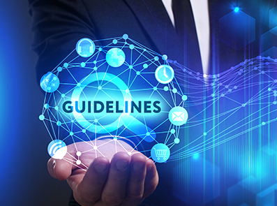 Hand in Anzug hält digitale Darstellung mit dem Wort Guidelines