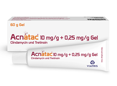 Acnatac®-Packung und -Tube (10mg/g Clindamycin, 0,25mg/g Tretinoin)