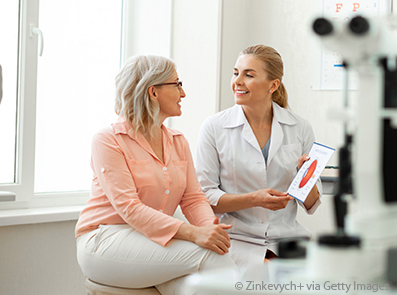 Arzt-Patient-Gespräch in der Augenarztpraxis zum Thema Adhärenz in der Glaukomtherapie